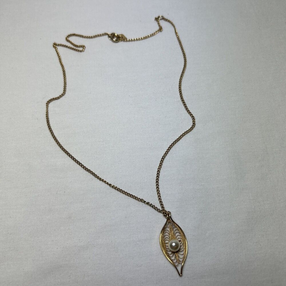 Vintage SARAH COVENTRY Serene Gold Tone Necklace Faux Pearl Filigree